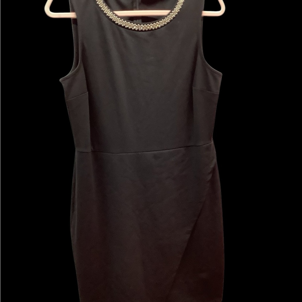 Black Faux Wrap Sheath Dress with Collar Detail